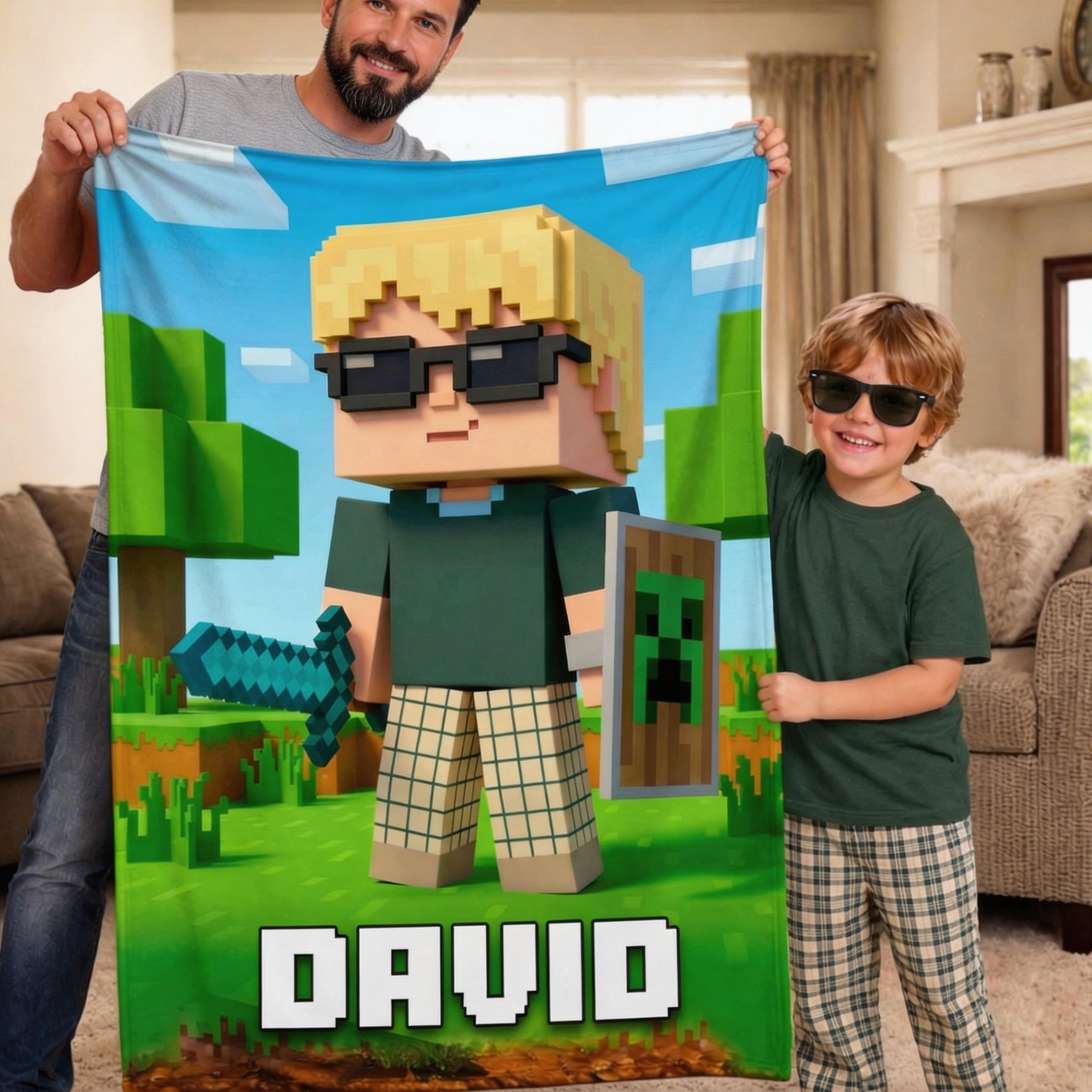 Custom Pixel Block Avatar Blanket | Gamer "Craft World" Style | Personalized Kids & Pets Gift