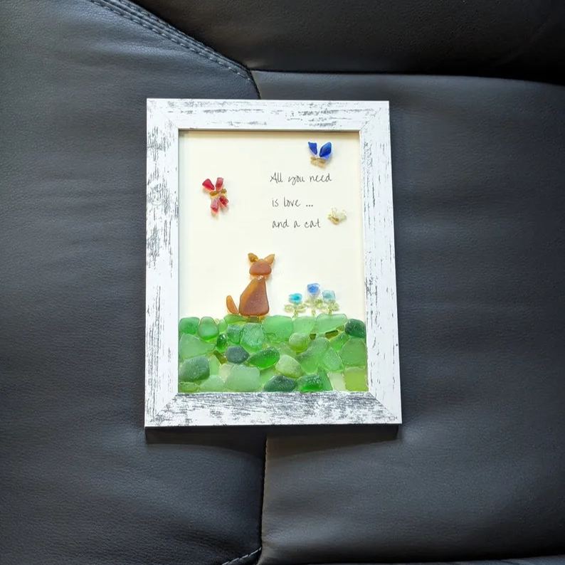 Sea Glass Art, All You Need Is Love And A Cat, Unique Gift for Cat Lovers