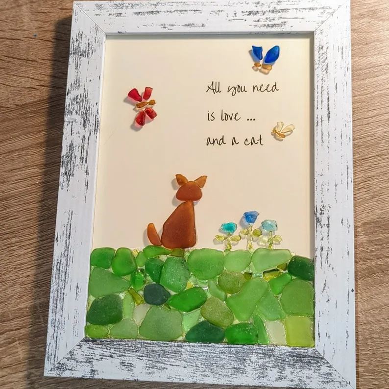 Sea Glass Art, All You Need Is Love And A Cat, Unique Gift for Cat Lovers