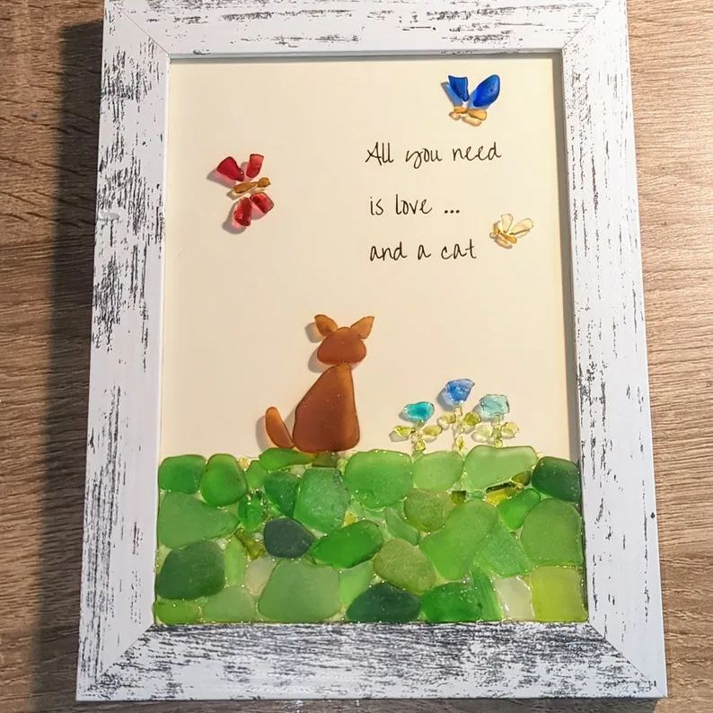 Sea Glass Art, All You Need Is Love And A Cat, Unique Gift for Cat Lovers