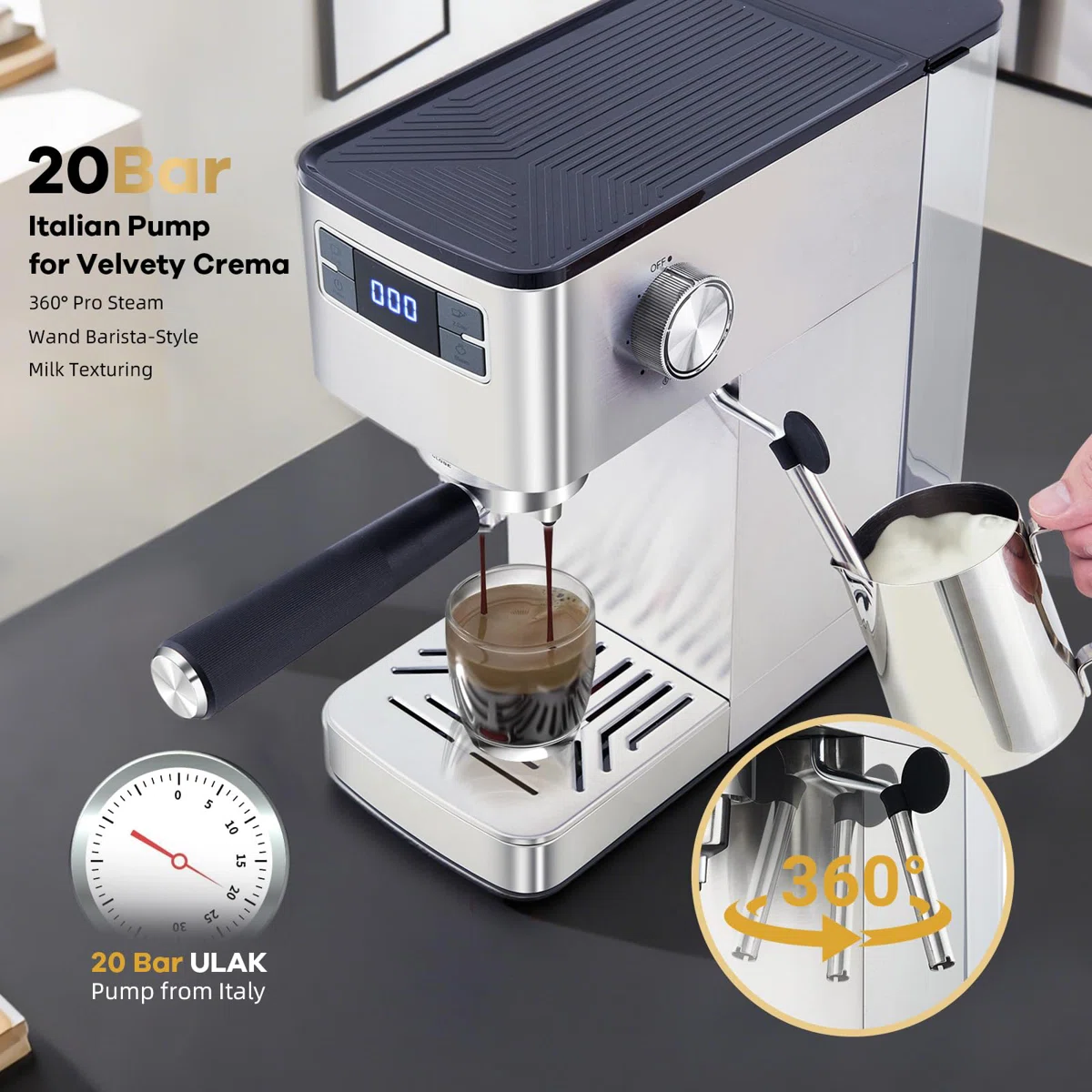 20 Bar Semi-Automatic Espresso Machine – Italian Style Stainless Steel with Integrated Adjustable Grinder & Milk Frother, Removable Water Tank, Compact Home Coffee Maker (Silver)