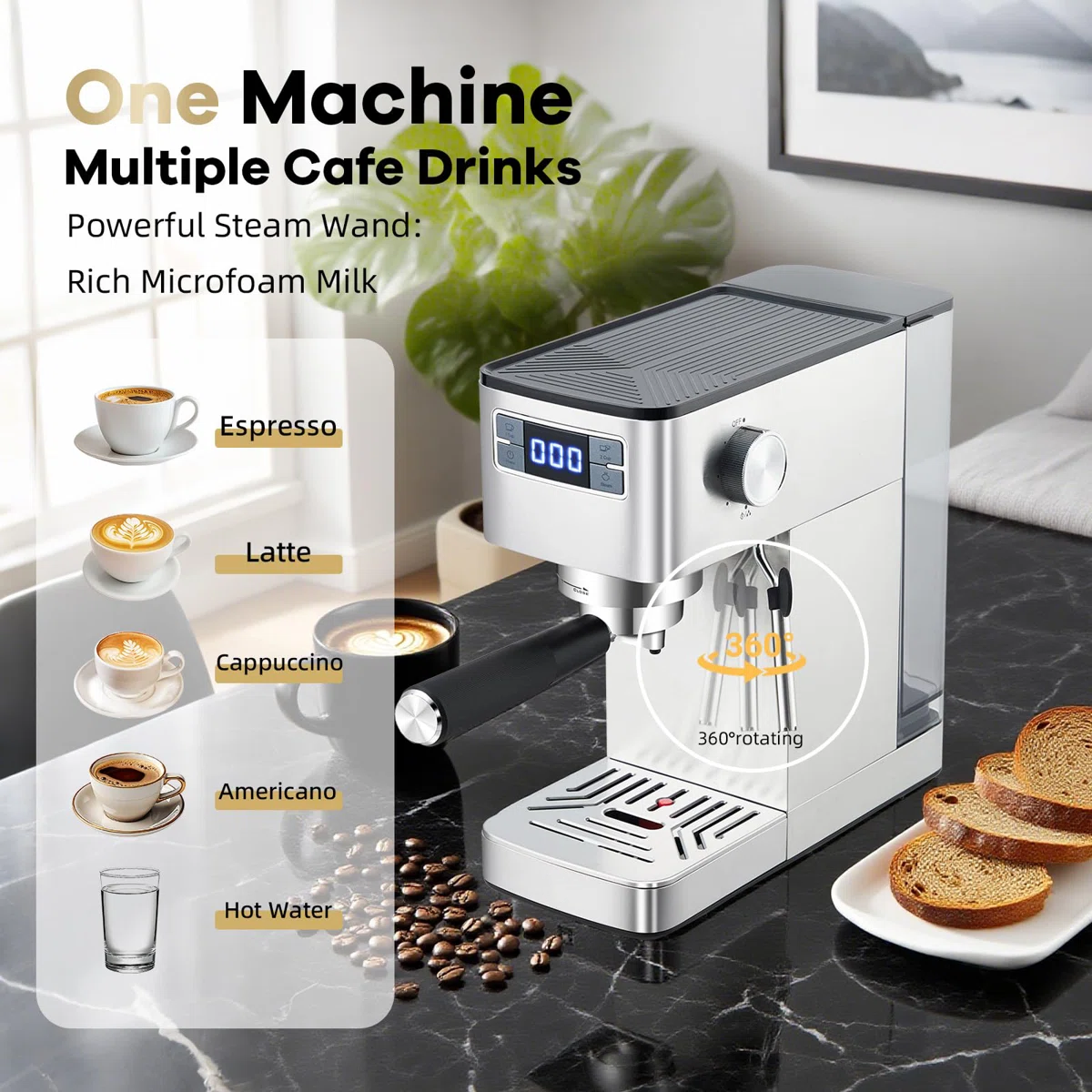 20 Bar Semi-Automatic Espresso Machine – Italian Style Stainless Steel with Integrated Adjustable Grinder & Milk Frother, Removable Water Tank, Compact Home Coffee Maker (Silver)