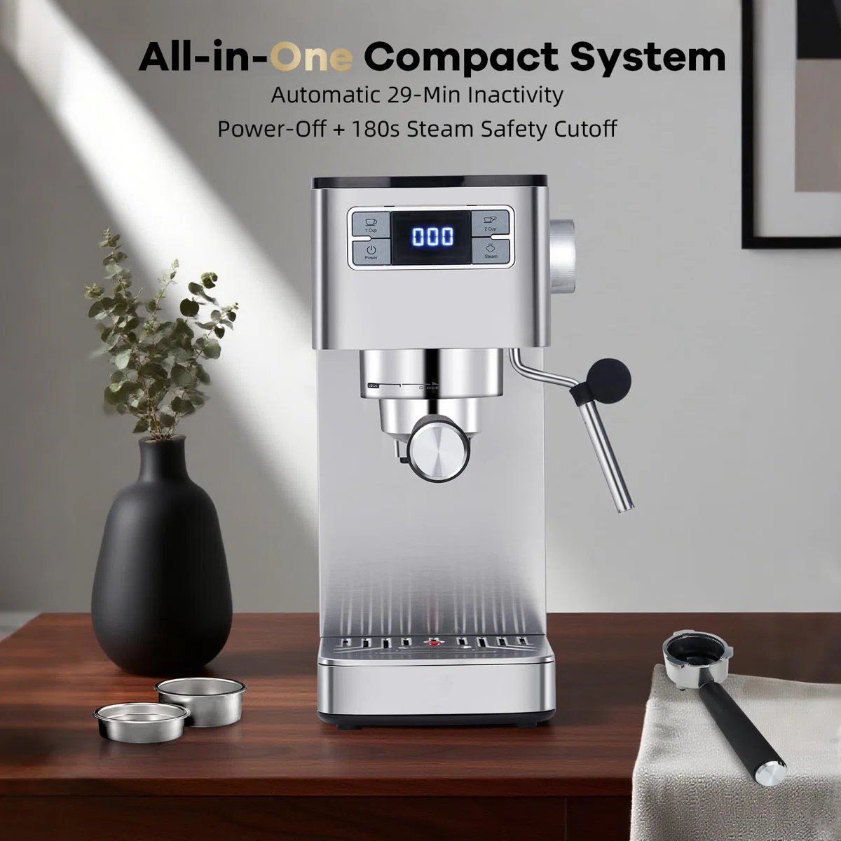 20 Bar Semi-Automatic Espresso Machine – Italian Style Stainless Steel with Integrated Adjustable Grinder & Milk Frother, Removable Water Tank, Compact Home Coffee Maker (Silver)