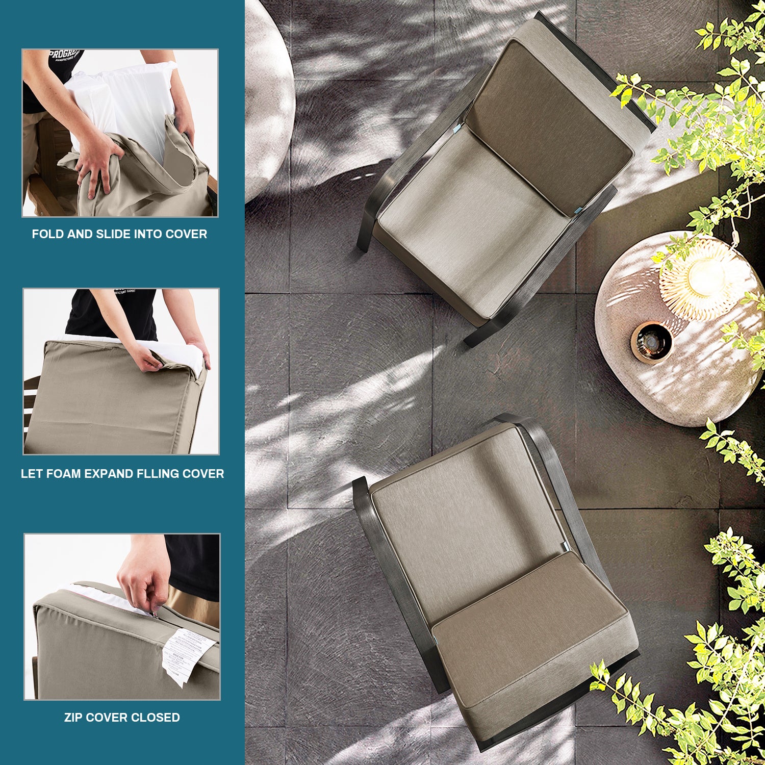 Outdoor Patio Furniture Cushion Set, 6" Thick Deep Seat & Back Cushions with Removable Covers, Fade-Resistant UV Resistant Cushions, 24" x 24"