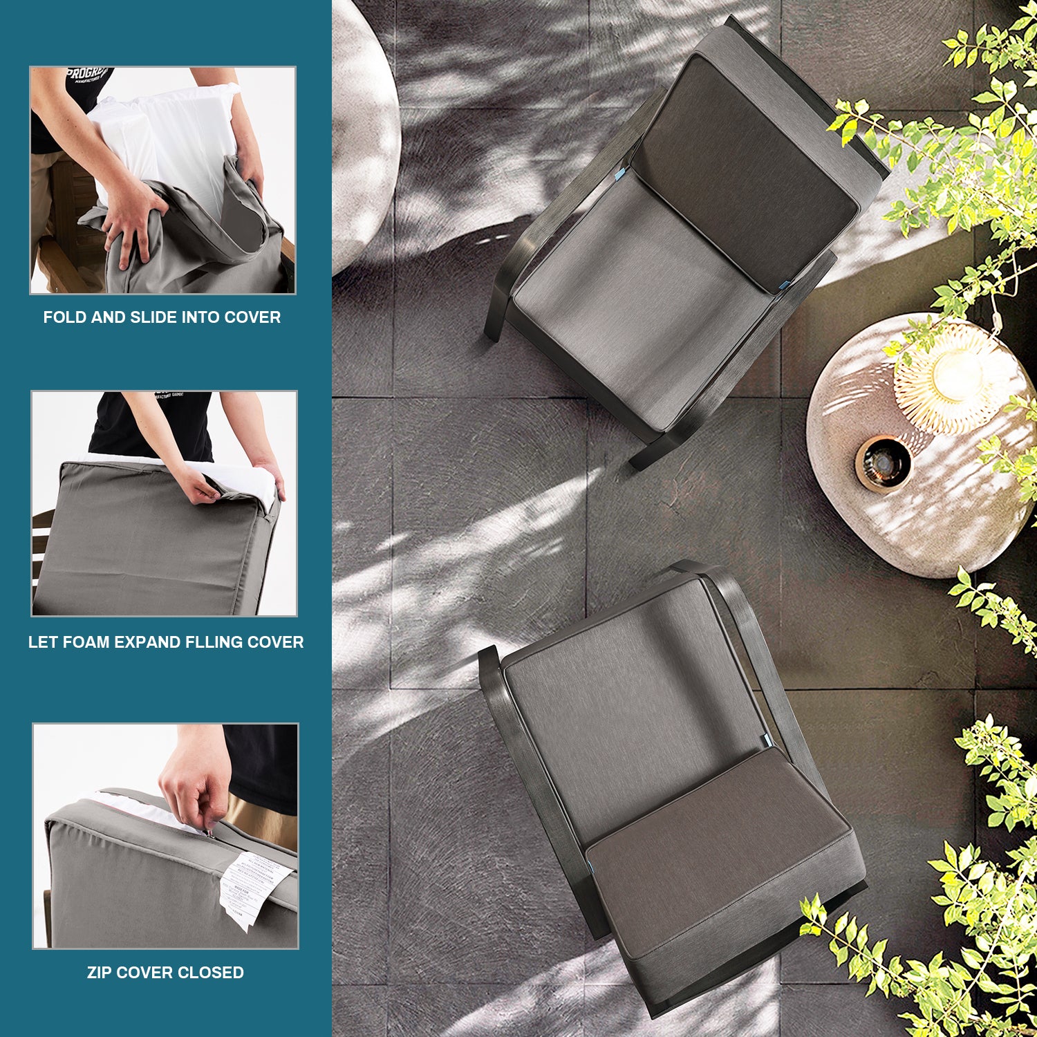 Outdoor Patio Furniture Cushion Set, 6" Thick Deep Seat & Back Cushions with Removable Covers, Fade-Resistant UV Resistant Cushions, 24" x 24"