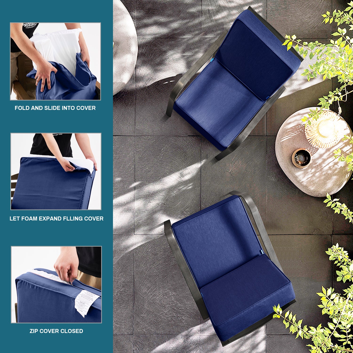 Outdoor Patio Furniture Cushion Set, 6" Thick Deep Seat & Back Cushions with Removable Covers, Fade-Resistant UV Resistant Cushions, 24" x 24"