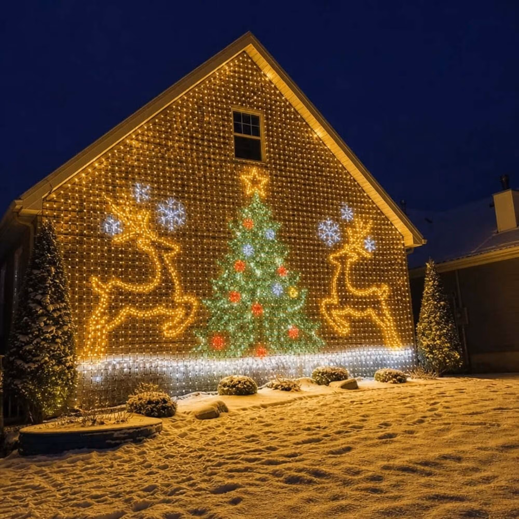Christmas LED Smart Wall Curtain Net Lights, Large Display with Christmas Themed Patterns, Waterproof Outdoor Wall Decor, Holiday Gift for Homeowners