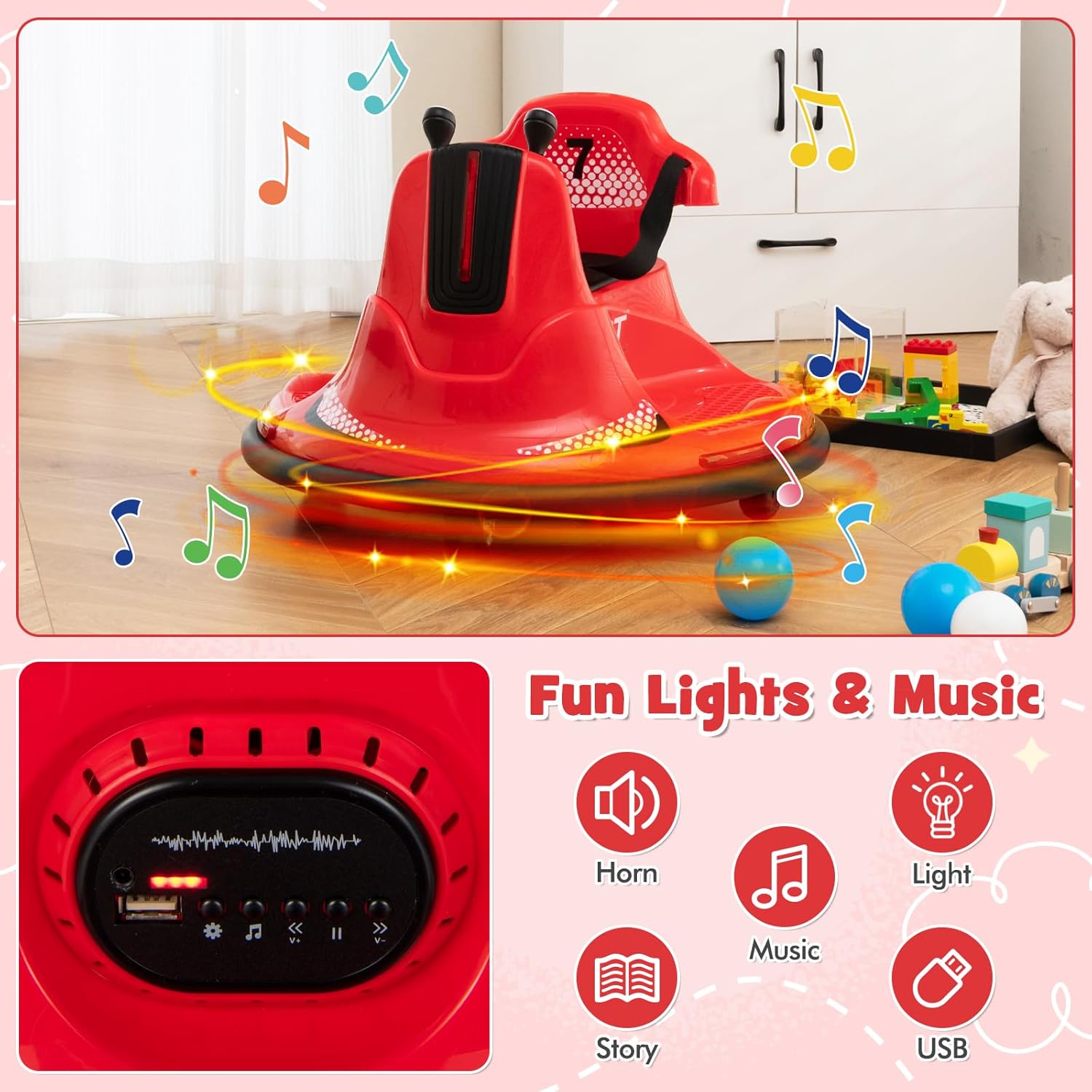 12V Kids Electric Bumper Car with Remote Control, 360° Spin, LED Lights & Music