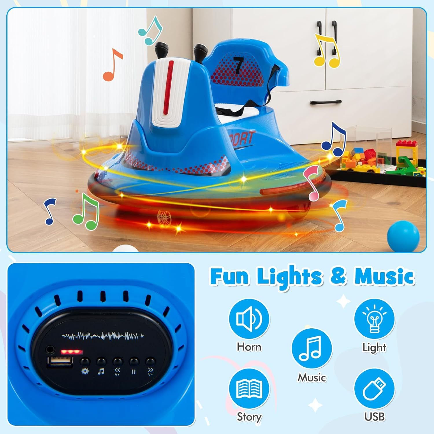 12V Kids Electric Bumper Car with Remote Control, 360° Spin, LED Lights & Music
