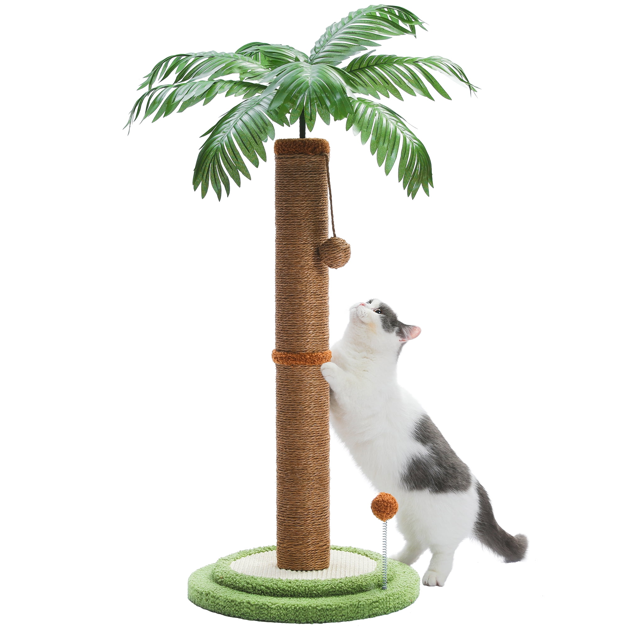 34" Coconut Palm Cat Scratching Post with Interactive Balls for Indoor Cats, Brown