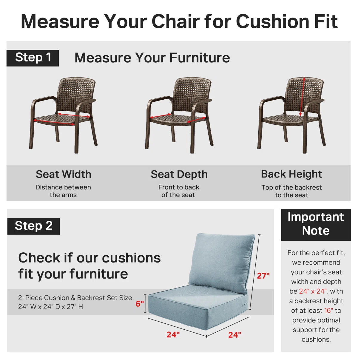 Weather-Resistant Outdoor Patio Chair Cushion Set, UV & Fade Resistant Polyester Seat and Back Cushions, Soft Support for Indoor & Outdoor Furniture