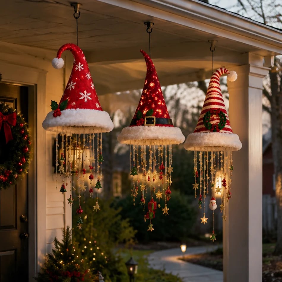 🎅 Light-up Santa Hat Hanging Light 🎄 | 4 different designs, warm LED string lights | Indoor & outdoor Christmas decoration, gift idea