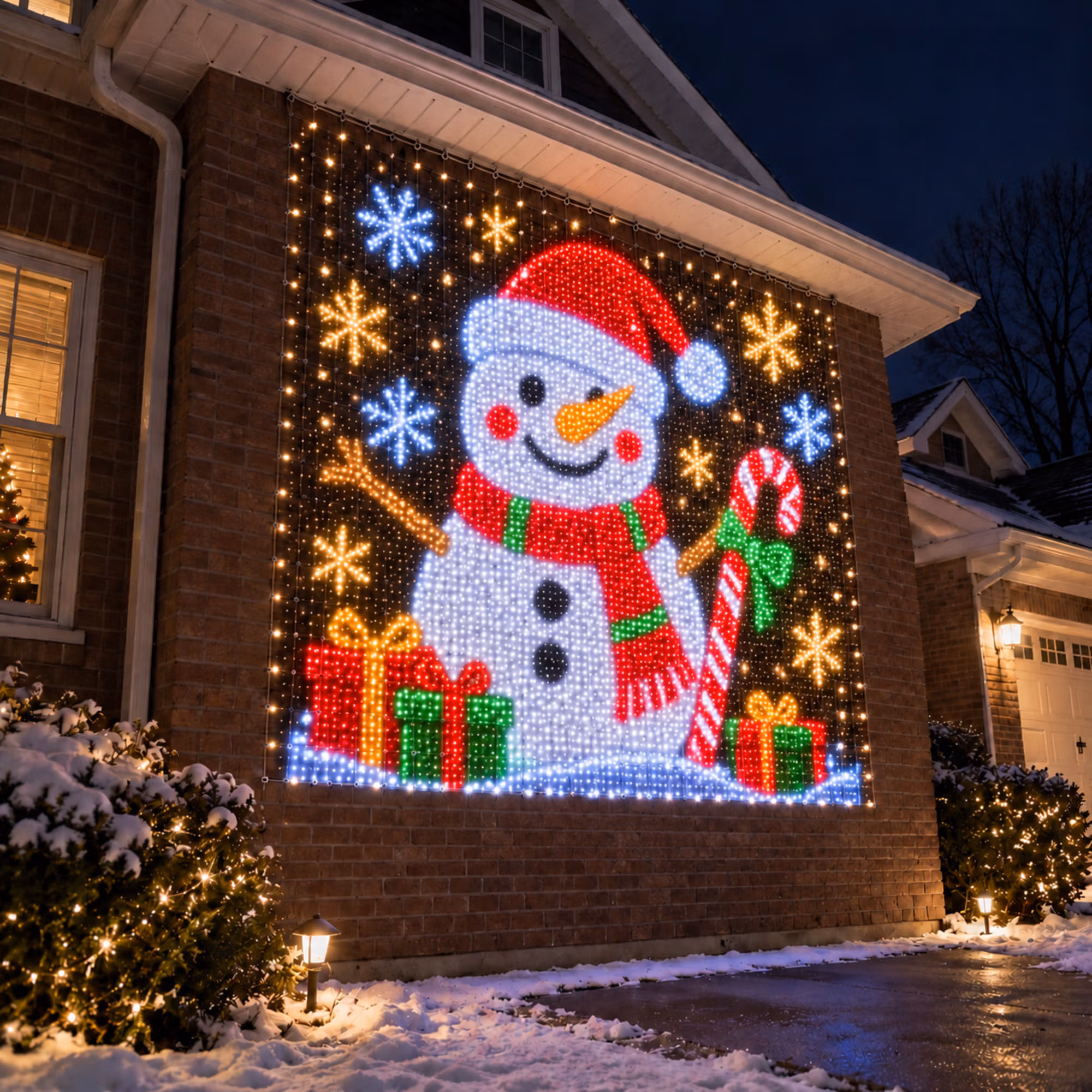 Christmas LED Smart Wall Curtain Net Lights, Large Display with Christmas Themed Patterns, Waterproof Outdoor Wall Decor, Holiday Gift for Homeowners