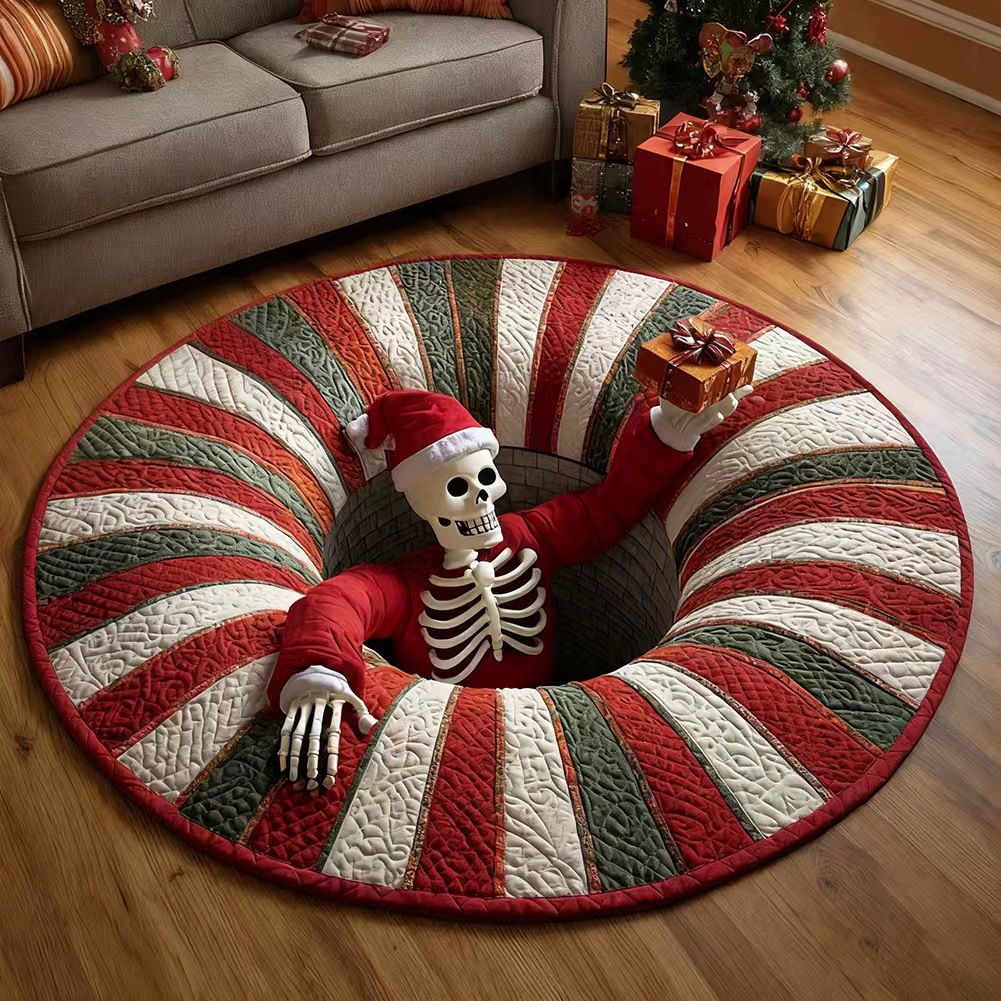🔥Posledná akcia🎃Prešívaný okrúhly halloweenský koberec s 3D kostrou a vírom