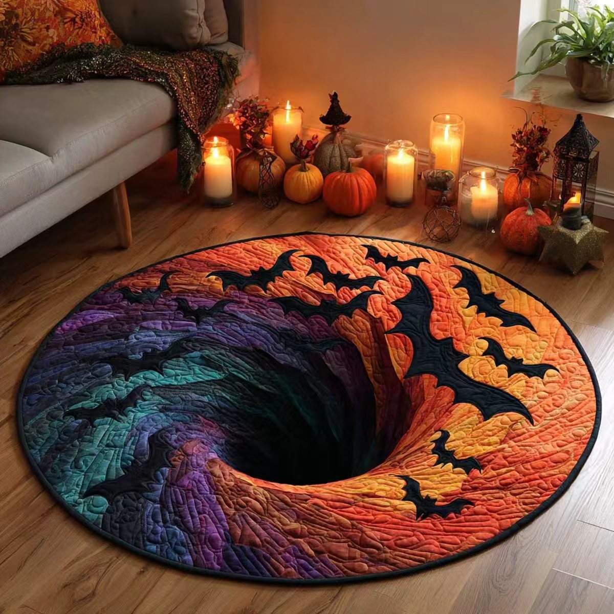 🔥Posledná akcia🎃Prešívaný okrúhly halloweenský koberec s 3D kostrou a vírom