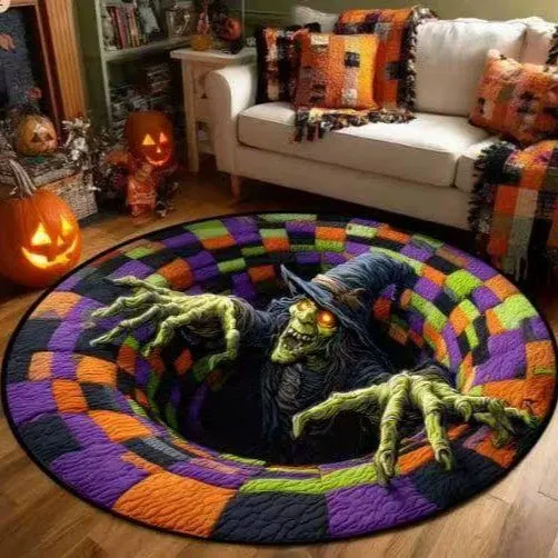 🔥Posledná akcia🎃Prešívaný okrúhly halloweenský koberec s 3D kostrou a vírom