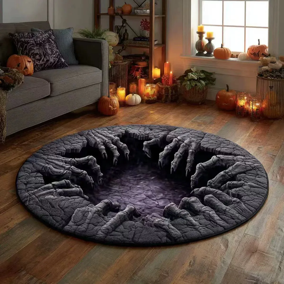 🔥Posledná akcia🎃Prešívaný okrúhly halloweenský koberec s 3D kostrou a vírom