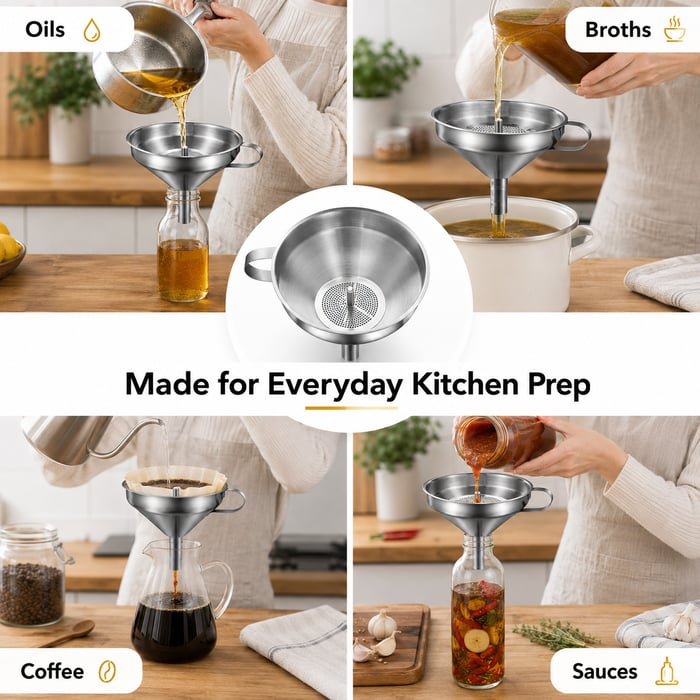 🍳Odolný kuchynský lievik z nehrdzavejúcej ocele (vrátane sitka)