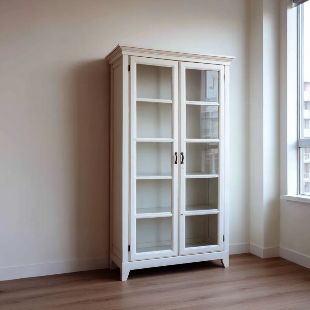 Armadio Vetrina in Legno Massello 120x40x200 cm - Bianco - Design Classico