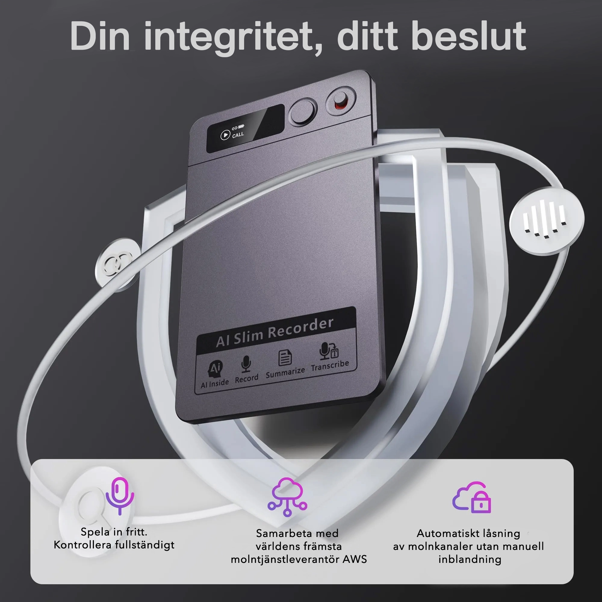 Recora KP70 AI-inspelare - 118 språk & AI-sammanfattning, Ultralätt bärbar design