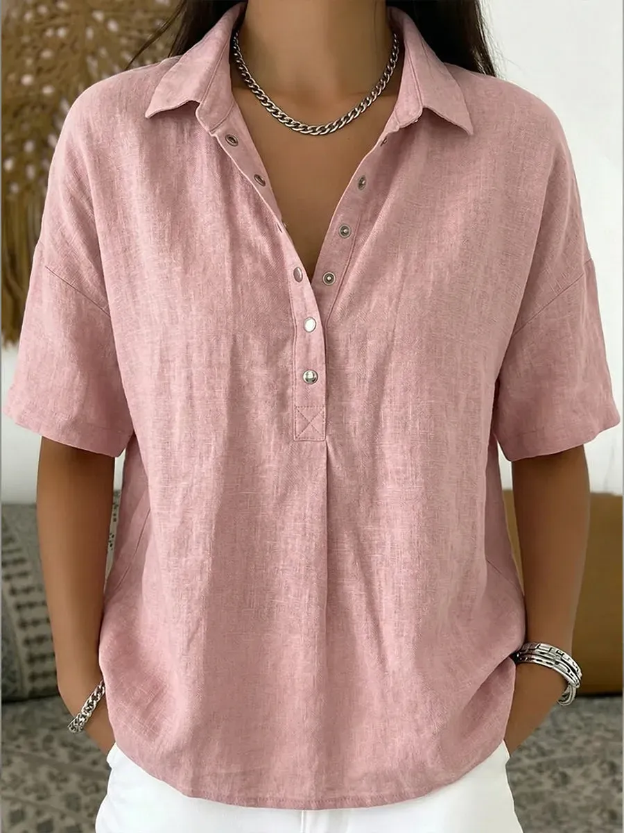 Women’s Cotton Linen Polo Shirt – Casual Short Sleeve Summer Top