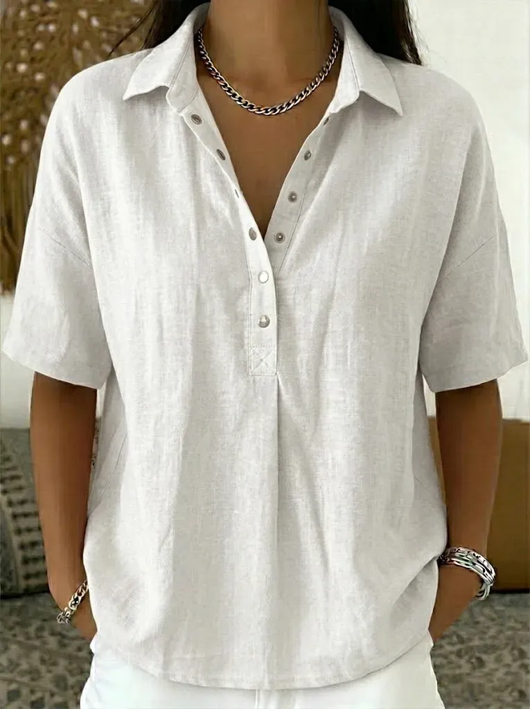 Women’s Cotton Linen Polo Shirt – Casual Short Sleeve Summer Top