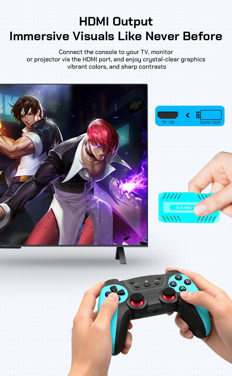 Retro gaming console stick, nostalgic gaming experience, dual 2.4G wireless controllers, plug-and-play TV game stick.