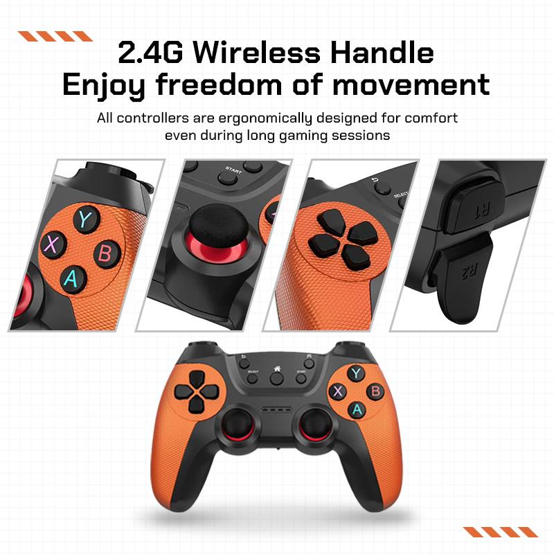 Retro gaming console stick, nostalgic gaming experience, dual 2.4G wireless controllers, plug-and-play TV game stick.