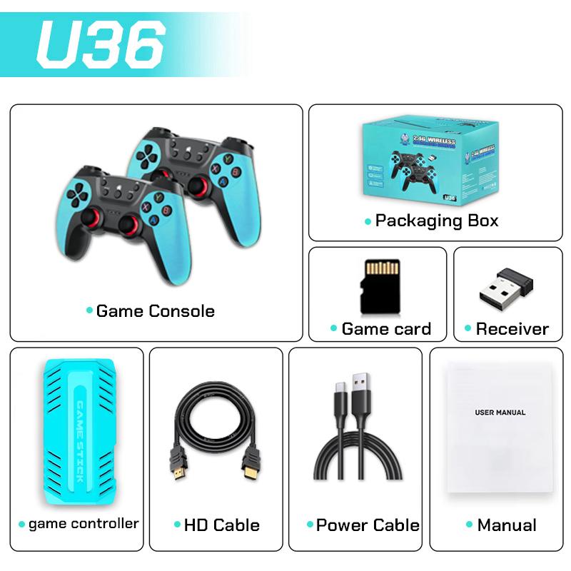 Retro gaming console stick, nostalgic gaming experience, dual 2.4G wireless controllers, plug-and-play TV game stick.