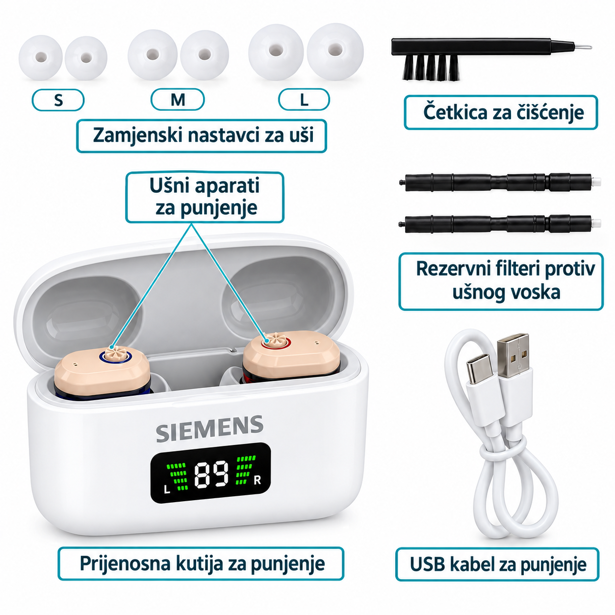 Brezreceptni slušni aparat Siemens Ultra – nevidna, polnilna izvedba CIC, odobrena s strani FDA.