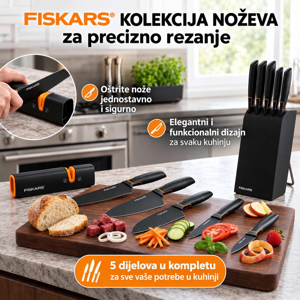 Korlátozott kiadás: 5 darabos késkészlet állvánnyal – éles konyhakés + késélező