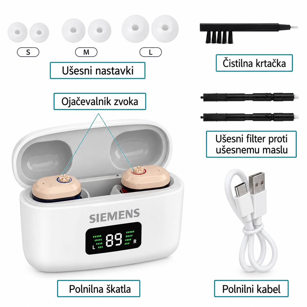 Volně prodejný naslouchací přístroj Siemens Ultra – neviditelné, dobíjecí provedení CIC, schváleno FDA.