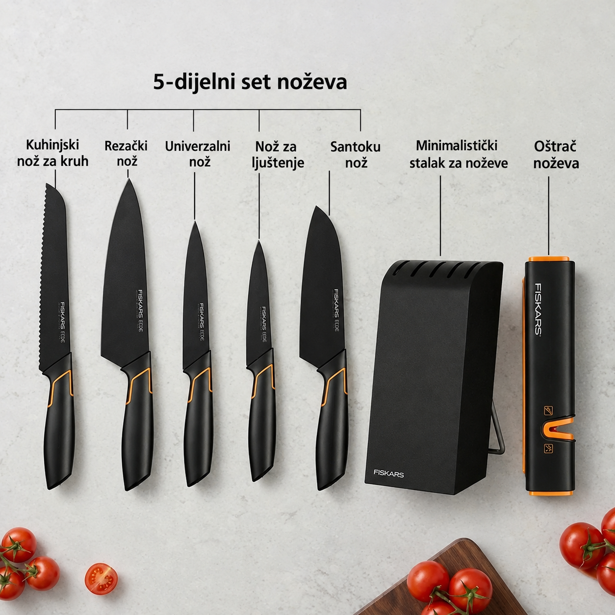 Korlátozott kiadás: 5 darabos késkészlet állvánnyal – éles konyhakés + késélező