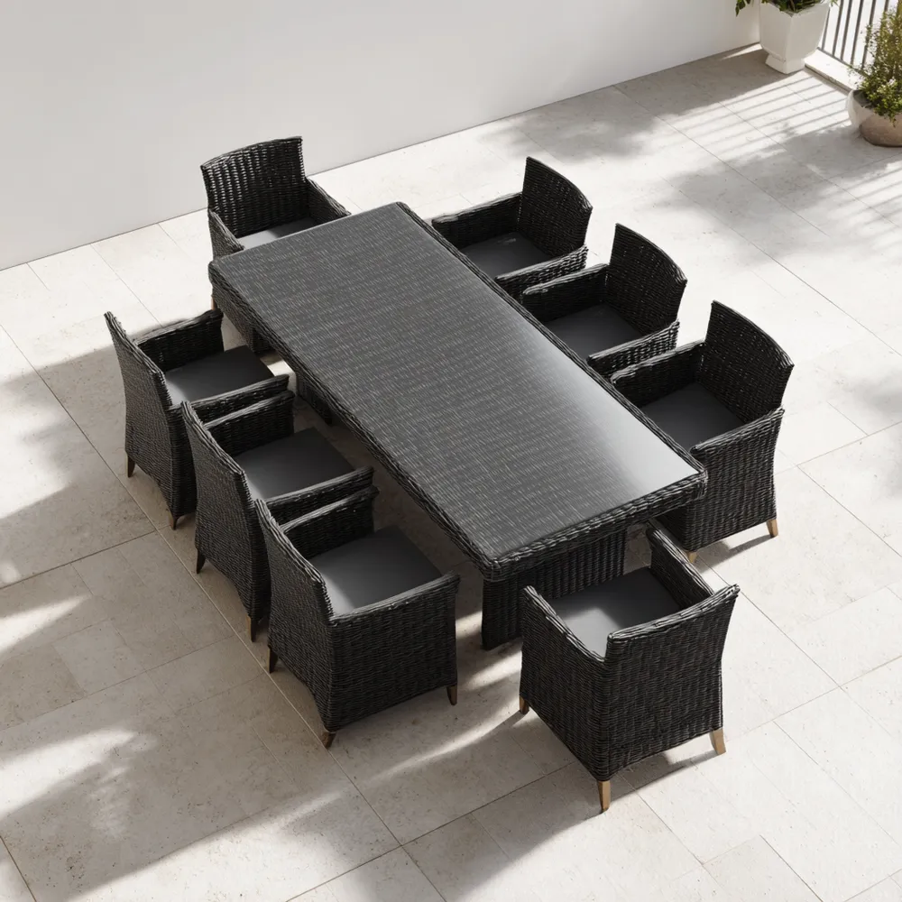 Ensemble de Table et Chaises de Jardin en Rotin 200x90x75 cm – Noir – Design Contemporain