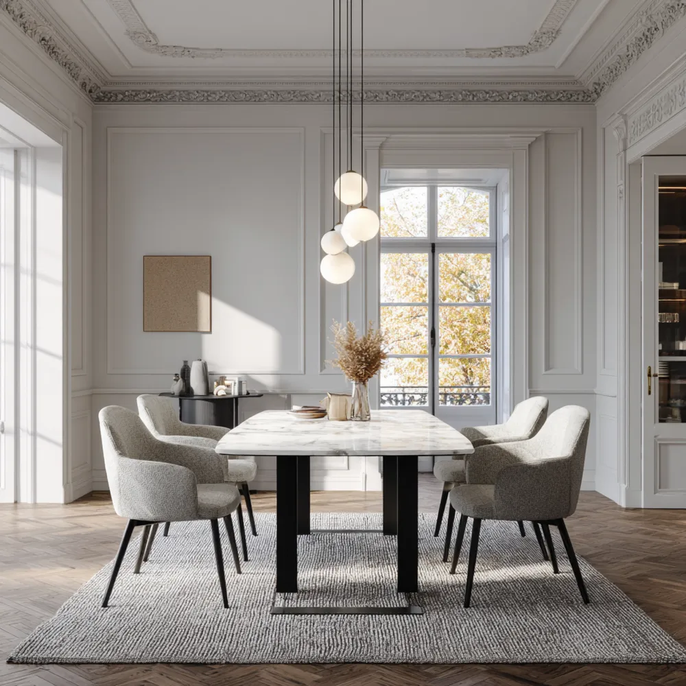 Ensemble table et chaises marbre 200x100x75 cm – Gris Clair – Design moderne