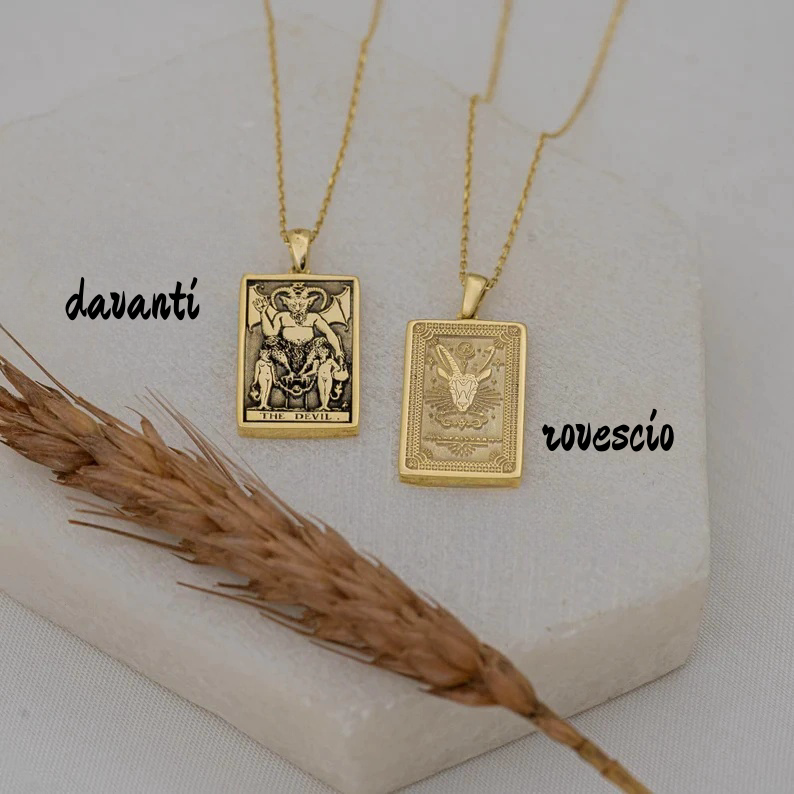 Collana reversibile con carta dei tarocchi zodiacale Capricorno Diavolo - Sofisticati gioielli bohémien - Ciondolo astrologico - Bellissimo regalo (Unisex)