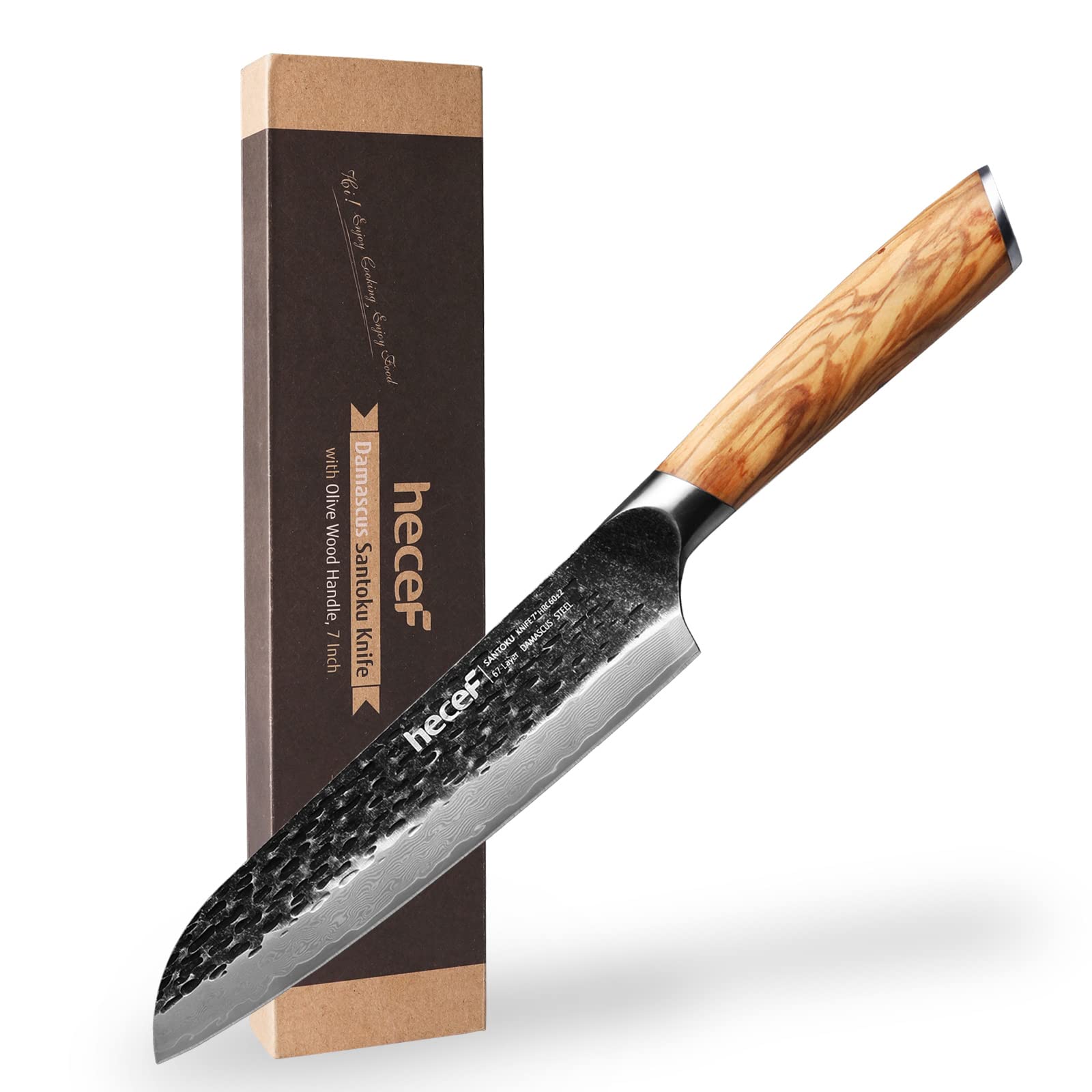hecef 7 Inch Damascus Santoku Knife, Professional Japanese Chef Knife for Home Kitchen Restaurant, High Carbon Damascus Stainless Steel Ultra Sharp Knife with Ergonomic Olive Wood Handle and Gift Box