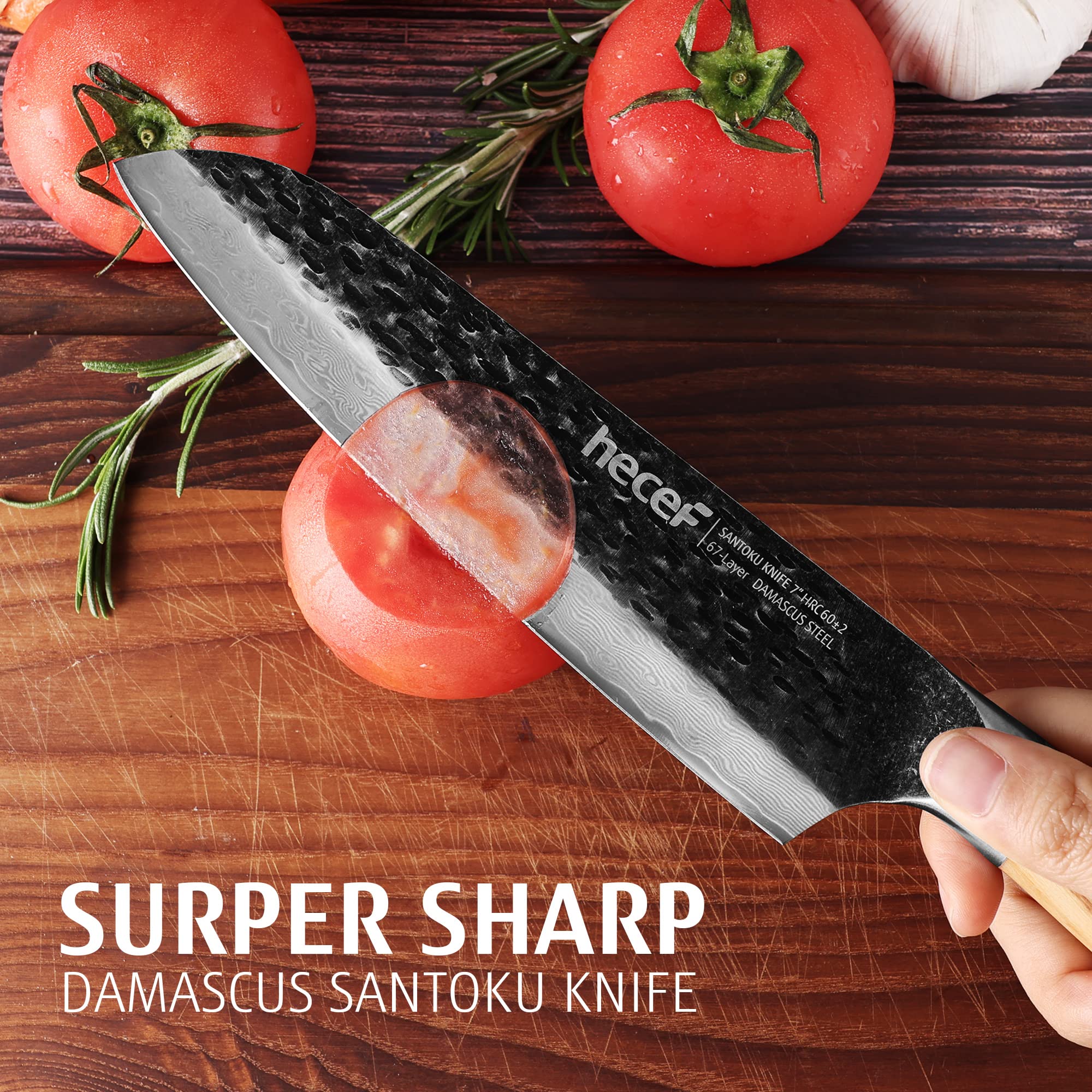 hecef 7 Inch Damascus Santoku Knife, Professional Japanese Chef Knife for Home Kitchen Restaurant, High Carbon Damascus Stainless Steel Ultra Sharp Knife with Ergonomic Olive Wood Handle and Gift Box