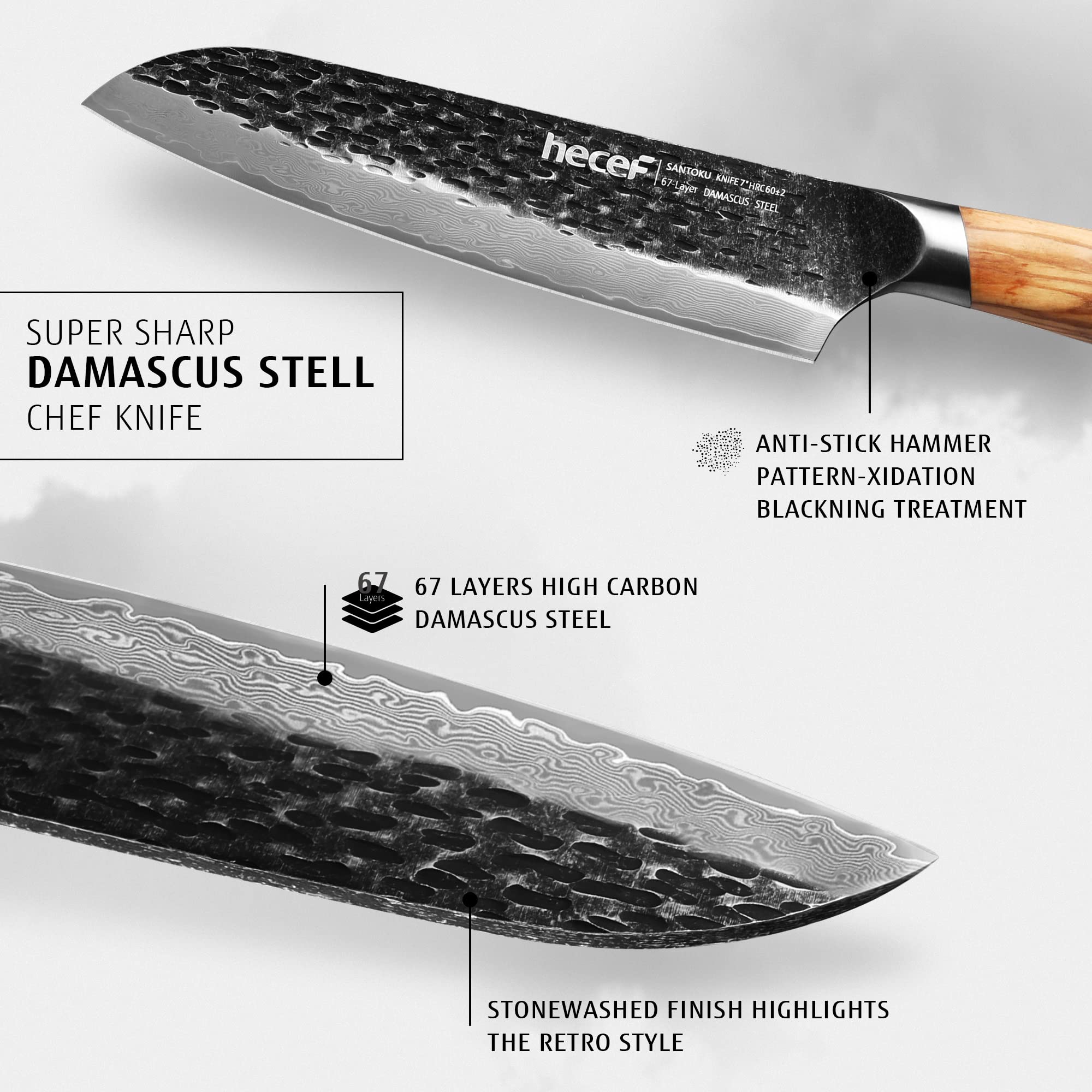 hecef 7 Inch Damascus Santoku Knife, Professional Japanese Chef Knife for Home Kitchen Restaurant, High Carbon Damascus Stainless Steel Ultra Sharp Knife with Ergonomic Olive Wood Handle and Gift Box