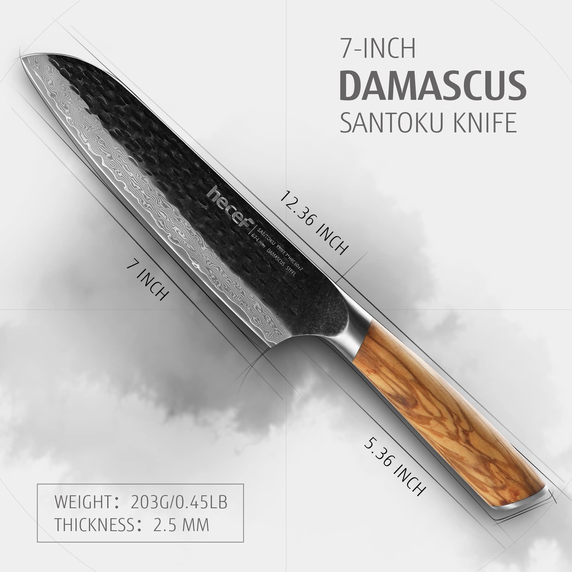hecef 7 Inch Damascus Santoku Knife, Professional Japanese Chef Knife for Home Kitchen Restaurant, High Carbon Damascus Stainless Steel Ultra Sharp Knife with Ergonomic Olive Wood Handle and Gift Box
