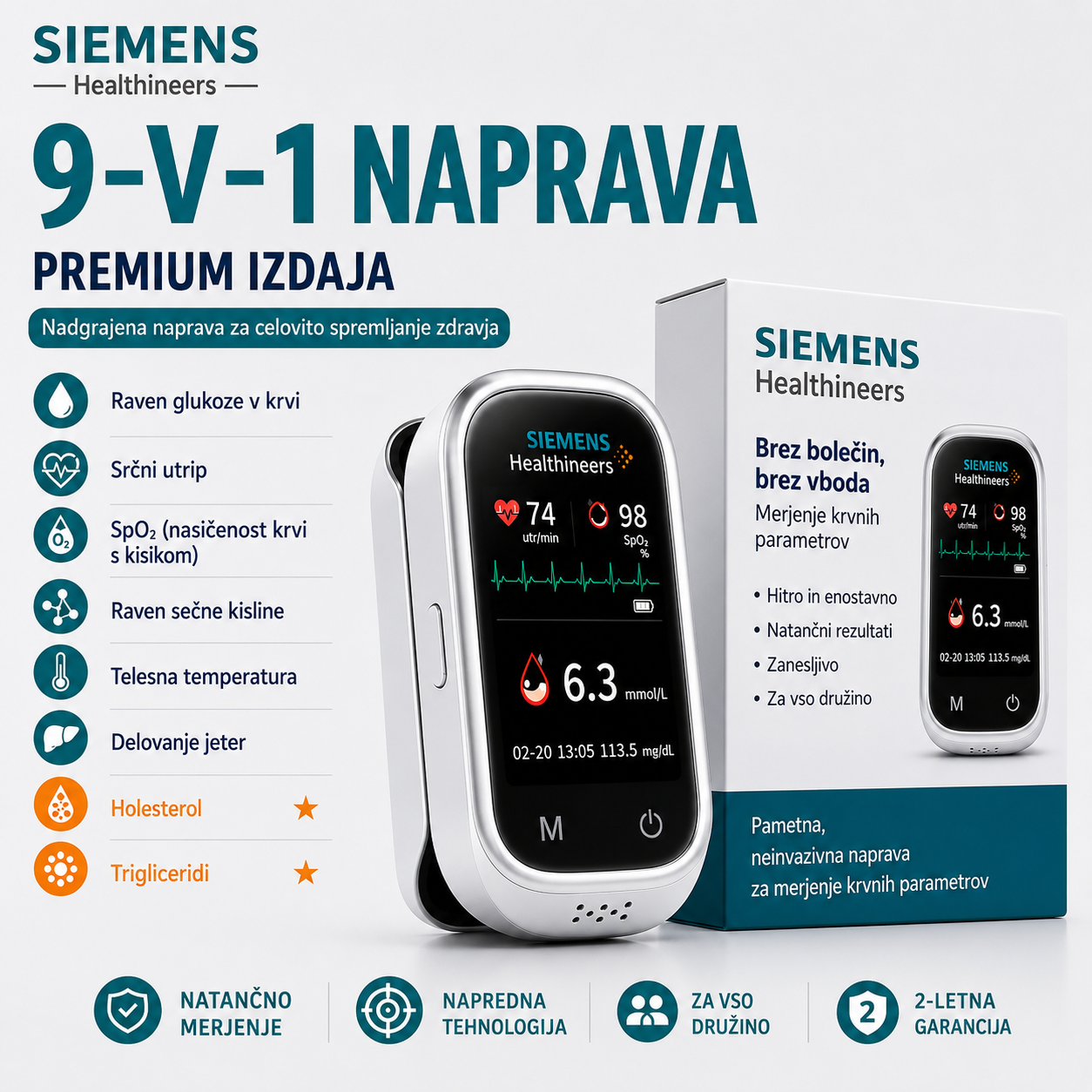 🩸 Siemens™ 11-v-1 merilnik glukoze v krvi brez prebadanja Brez prebadanja • Brez testnih lističev • Rezultati v samo 5 sekundah