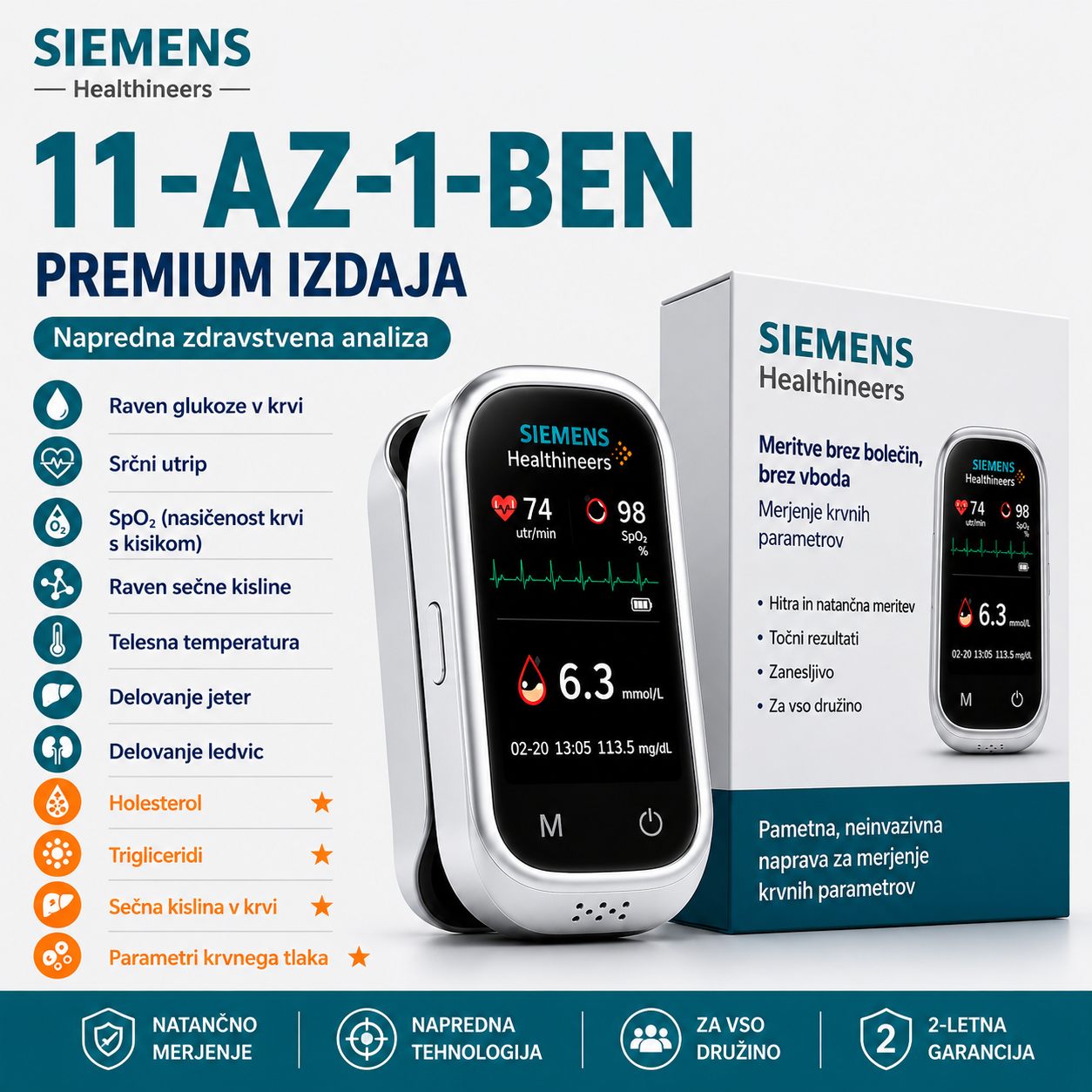 🩸 Siemens™ 11-v-1 merilnik glukoze v krvi brez prebadanja Brez prebadanja • Brez testnih lističev • Rezultati v samo 5 sekundah