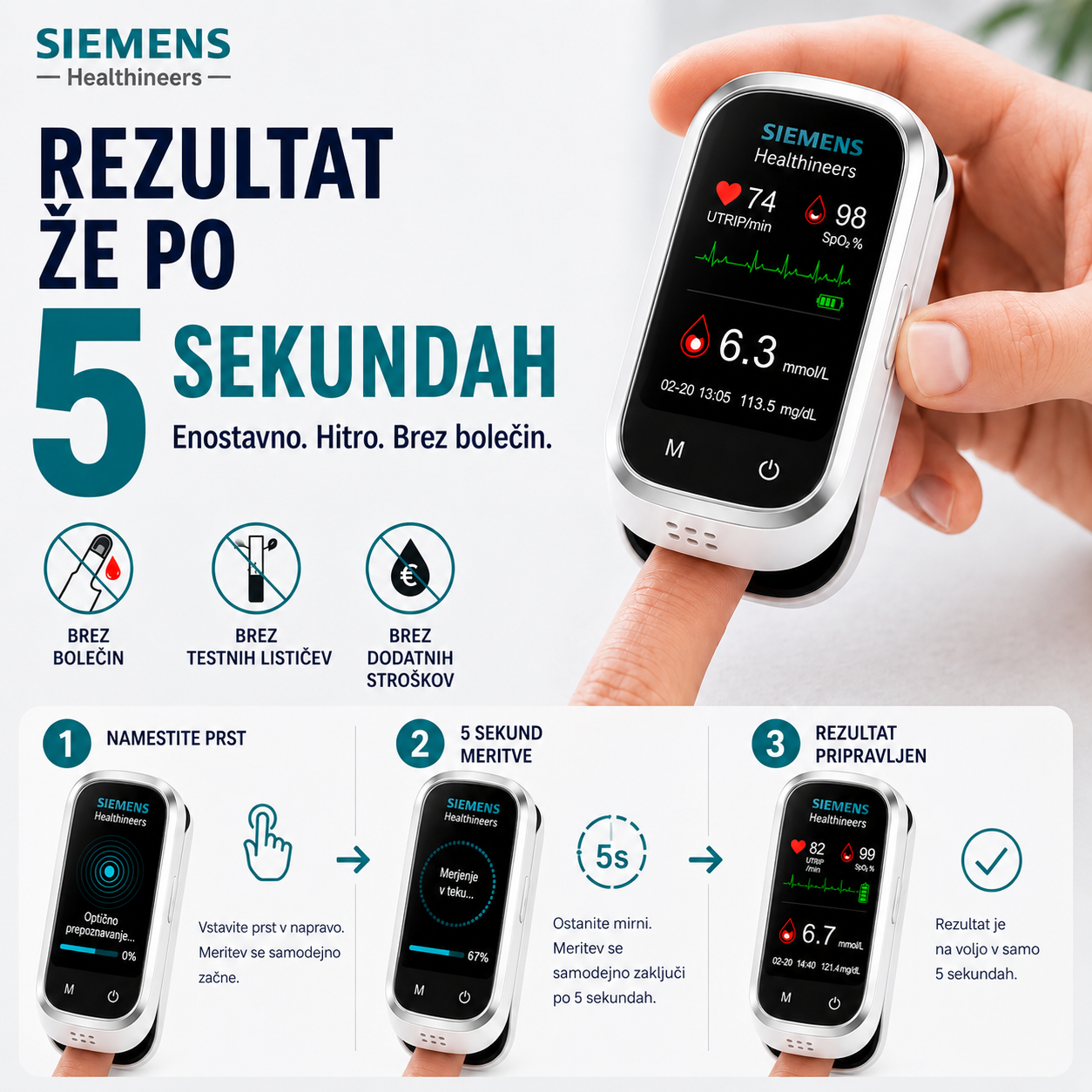 🩸 Siemens™ 11-v-1 merilnik glukoze v krvi brez prebadanja Brez prebadanja • Brez testnih lističev • Rezultati v samo 5 sekundah