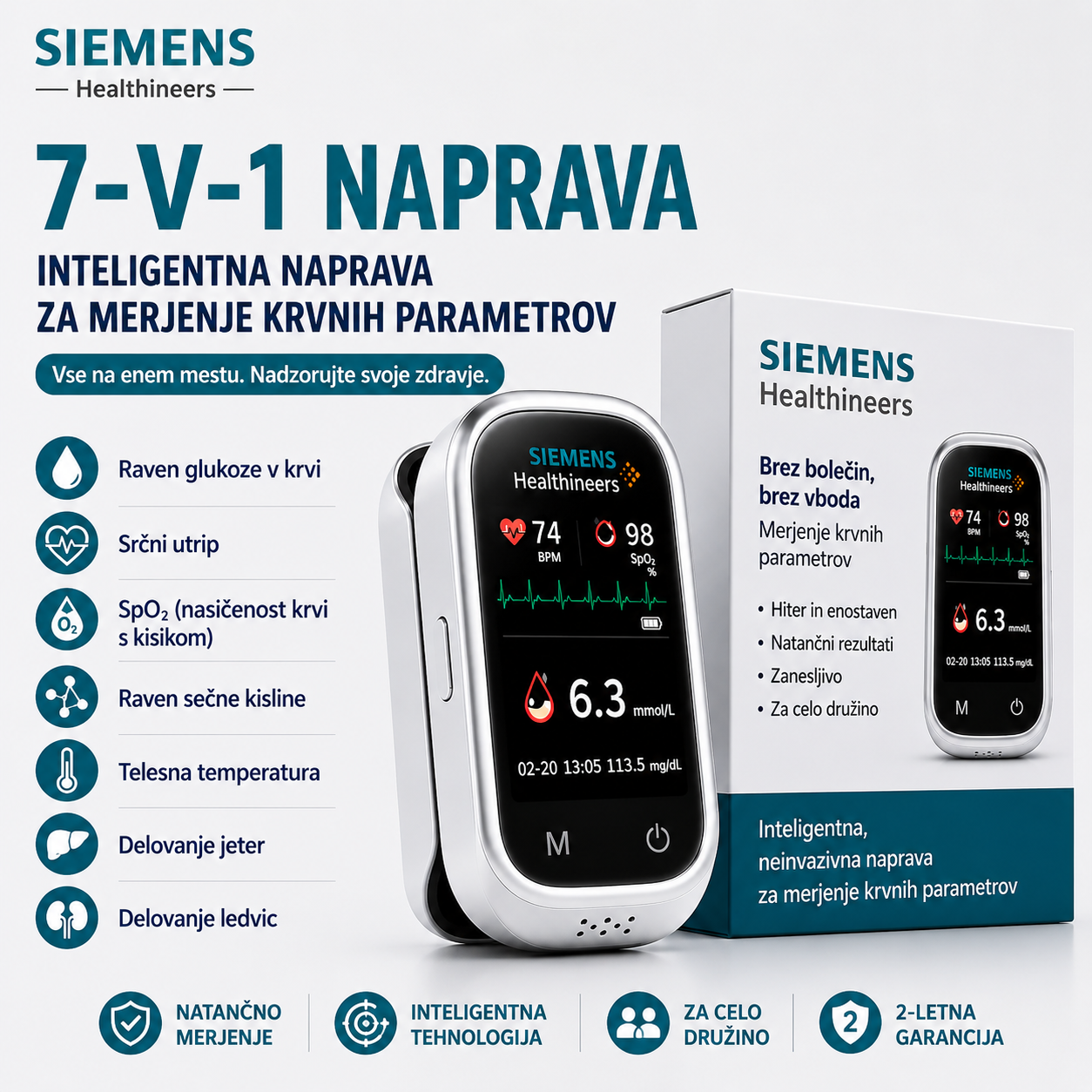 🩸 Siemens™ 11-v-1 merilnik glukoze v krvi brez prebadanja Brez prebadanja • Brez testnih lističev • Rezultati v samo 5 sekundah