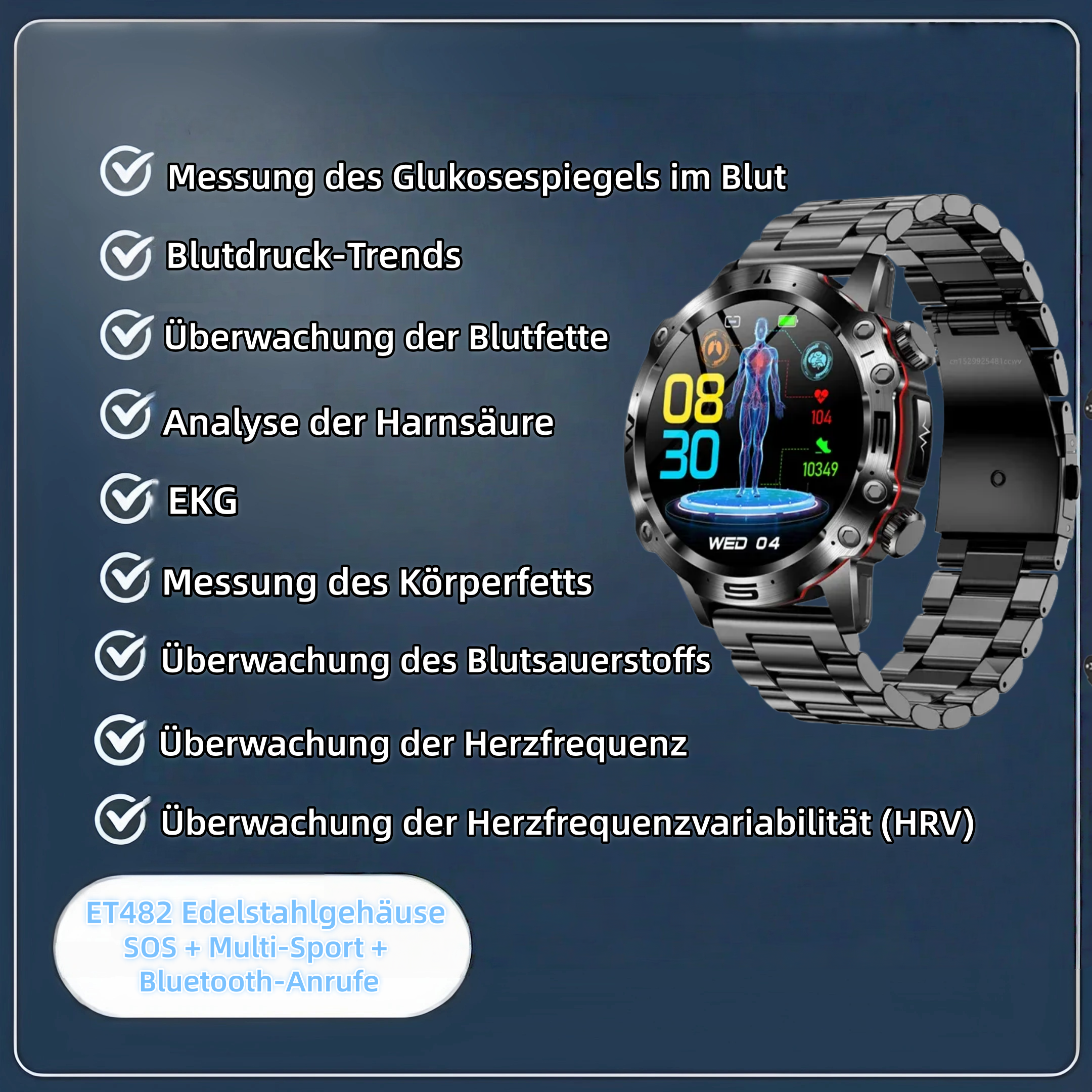Smartwatch mit KI-Diagnose – Neu 2025. Messung von Lipiden, Harnsäure, Glukose, EKG+PPG, Fitness-Tracker.