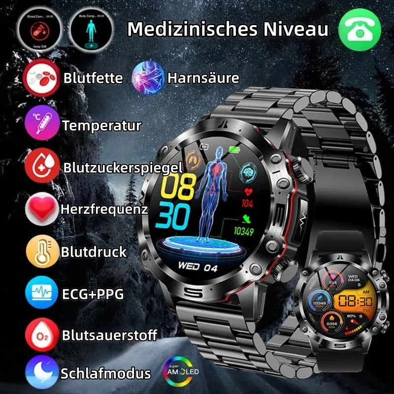 Smartwatch mit KI-Diagnose – Neu 2025. Messung von Lipiden, Harnsäure, Glukose, EKG+PPG, Fitness-Tracker.