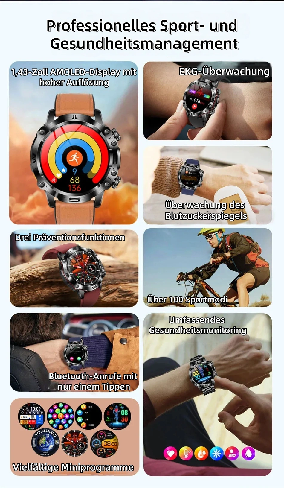 Smartwatch mit KI-Diagnose – Neu 2025. Messung von Lipiden, Harnsäure, Glukose, EKG+PPG, Fitness-Tracker.