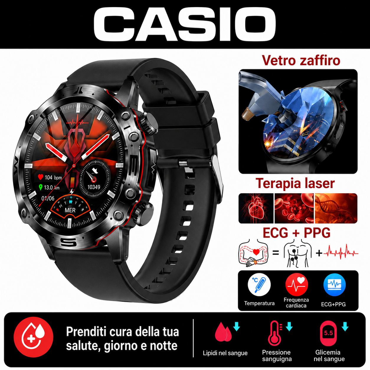 CASIO Smartwatch AMOLED – Monitoraggio della glicemia, chiamate Bluetooth, oltre 100 modalità sportive