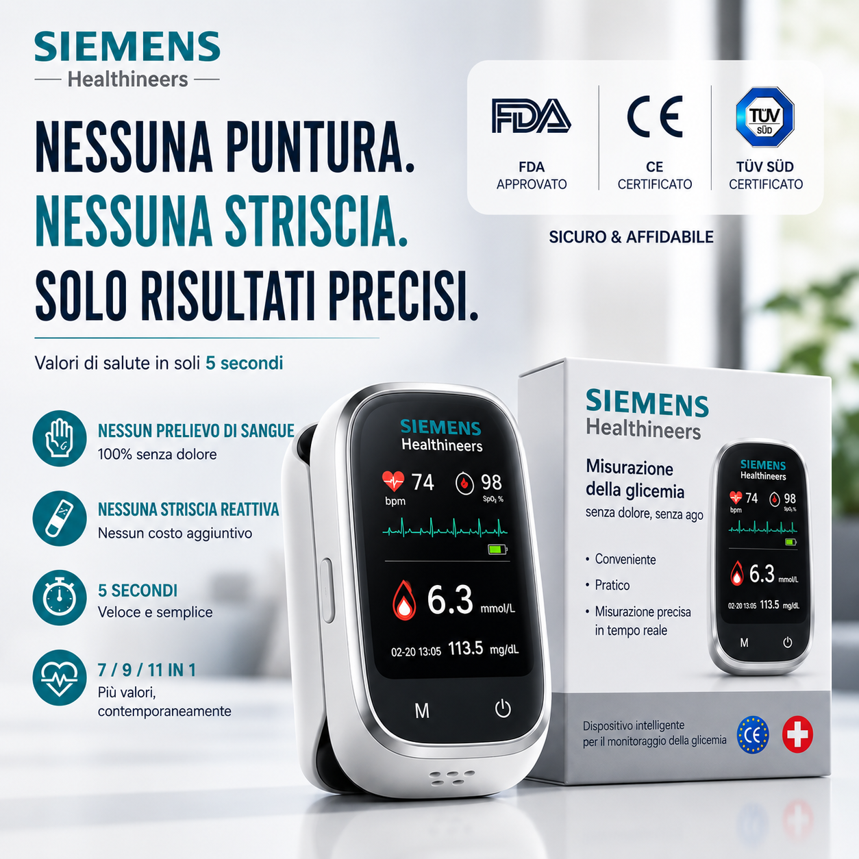 🩸 Siemens™ 11 az 1-ben szúrásmentes vércukormérő Szúrás nélkül • Tesztcsíkok nélkül • Eredmény mindössze 5 másodperc alatt