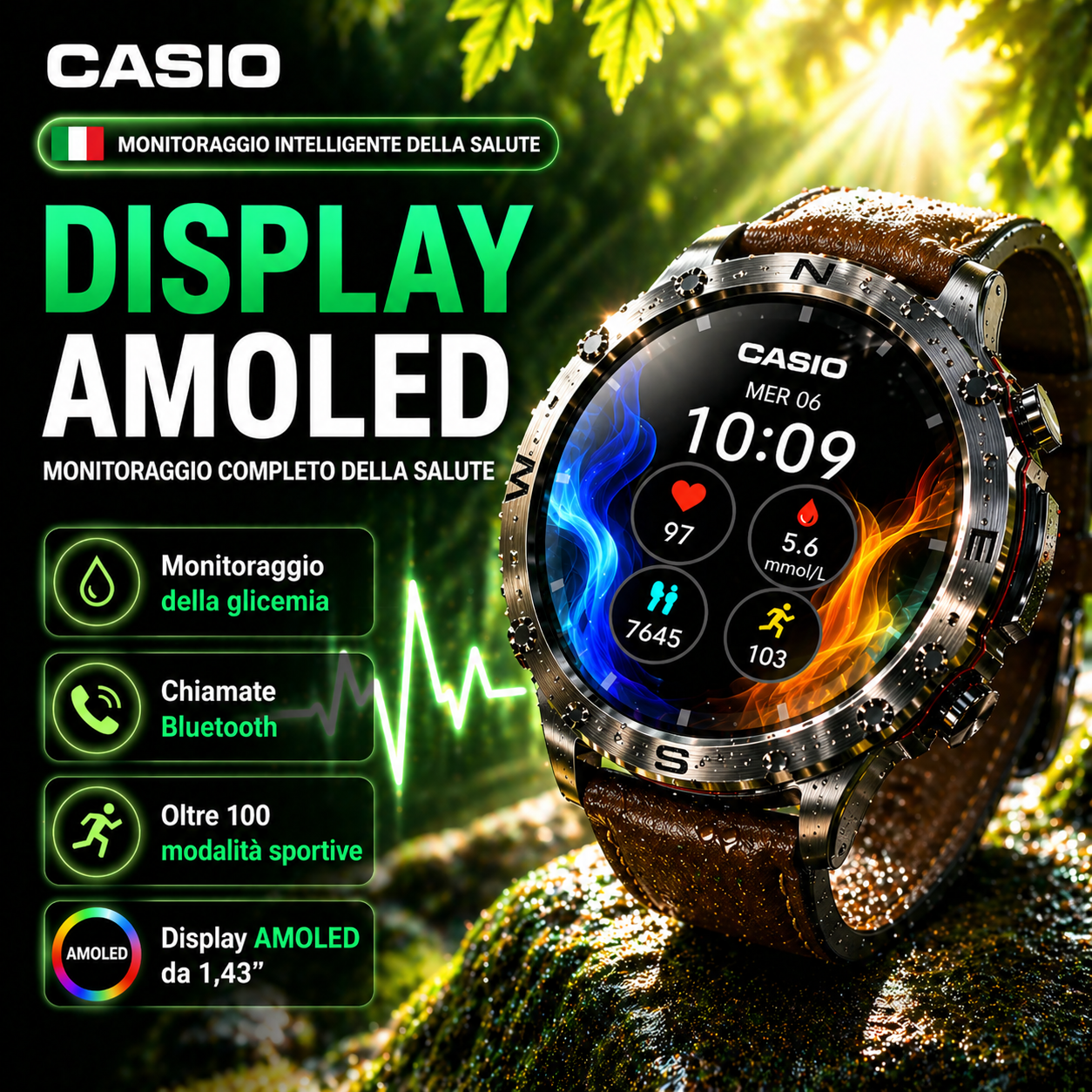 CASIO Stílusú AMOLED Okosóra – Vércukorszint Figyelés, Bluetooth Hívás, 100+ Sport Mód